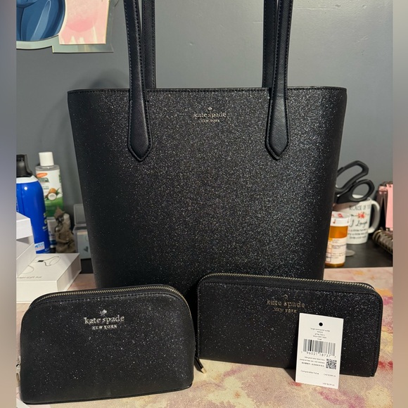 Kate spade black glitter set.  Tote, wallet and tote, Cosmetic pouch. (3 pcs) - Picture 1 of 16